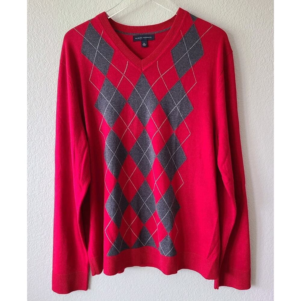 Banana Republic Men's XL Red Silk Cashmere V-Neck‎ Argyle Pullover Sweater